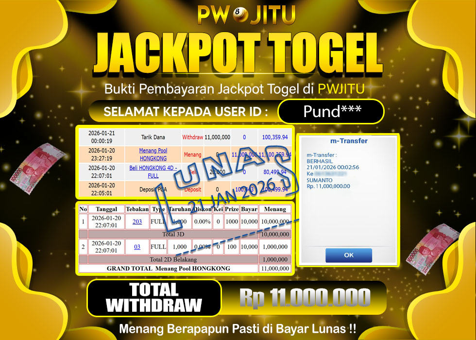 PWJITU JACKPOT PASARAN HONGKONG Rp.11.000.000,- LUNAS