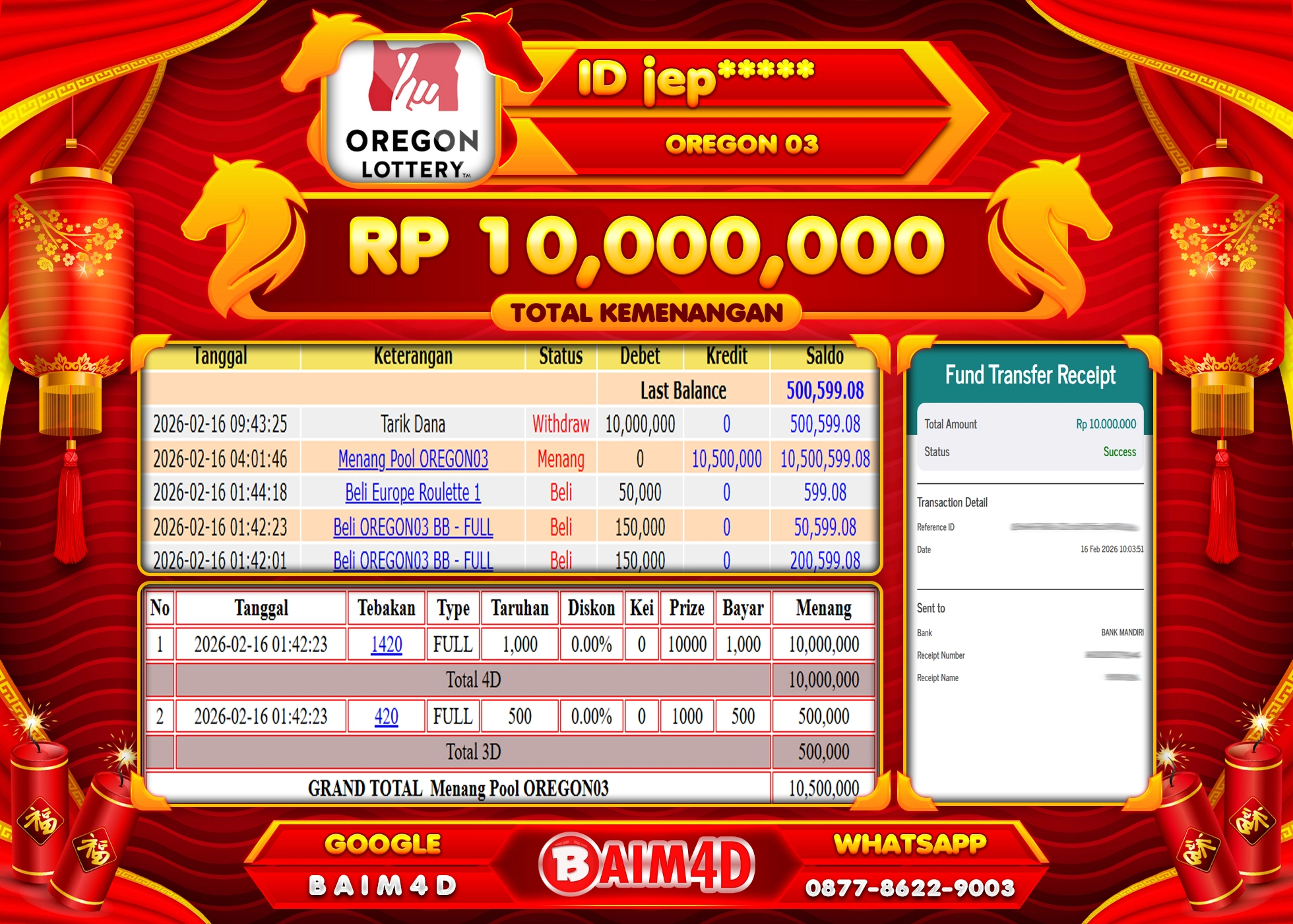 BAIM4D JACKPOT  TOGEL OREGON 03 POOLS Rp.10,000,000 - LUNAS