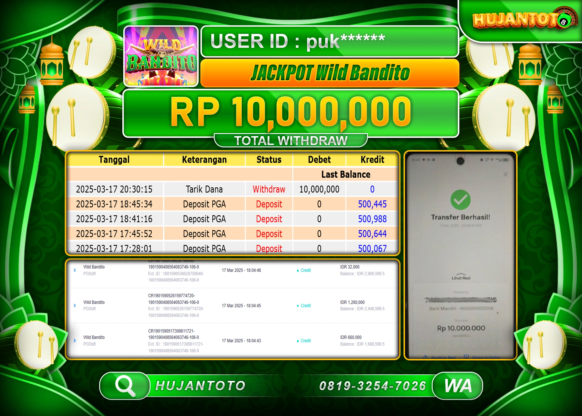 HUJANTOTO - BUKTI JACKPOT MENANG  SLOT WILD BANDITO Rp,10,000,000  - TERBAYAR LUNAS 