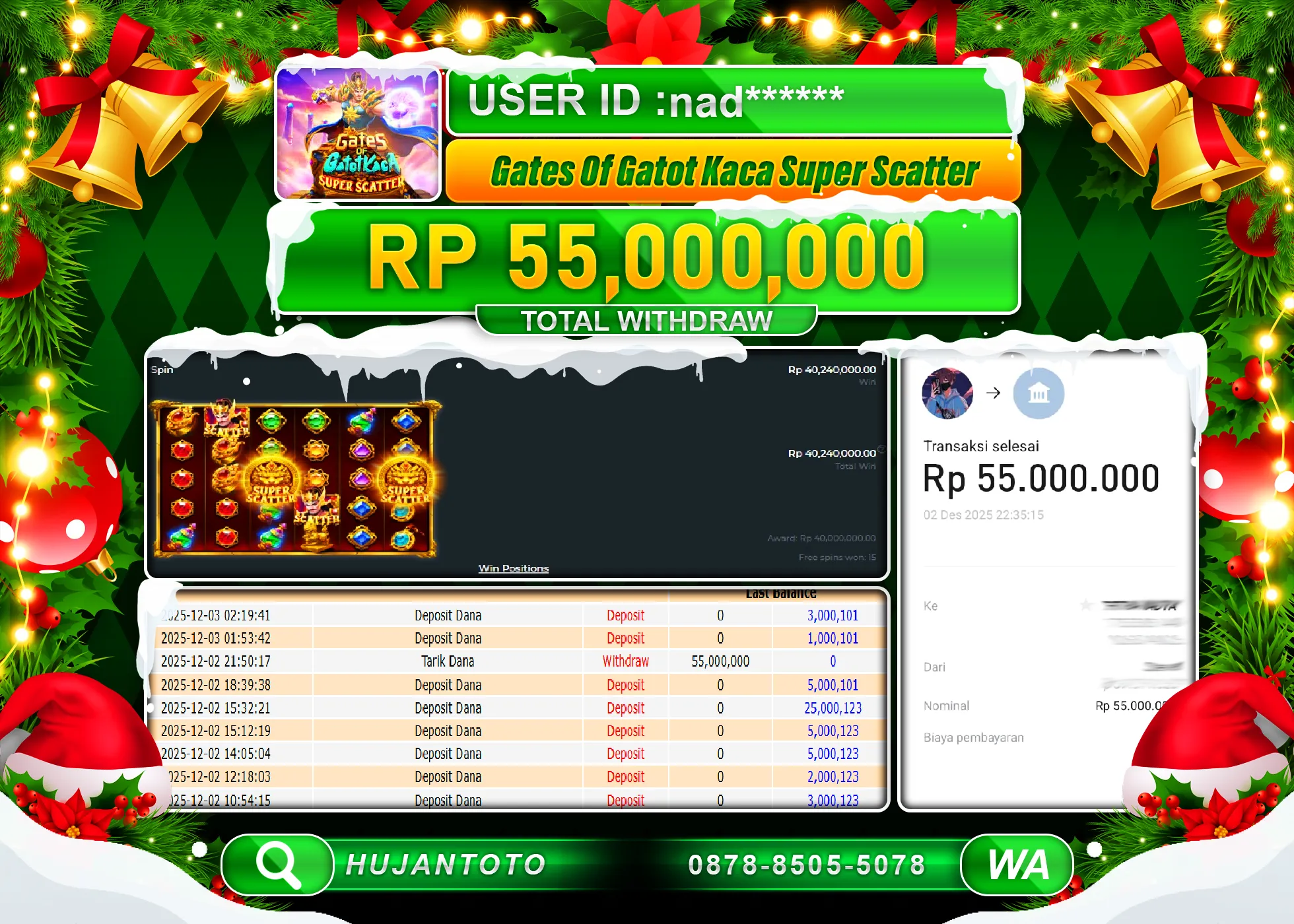 HUJANTOTO - BUKTI JACKPOT MENANG SLOT Gates Of Gatot Kaca Super Scatter Rp.55,000,000 - TERBAYAR LUNAS