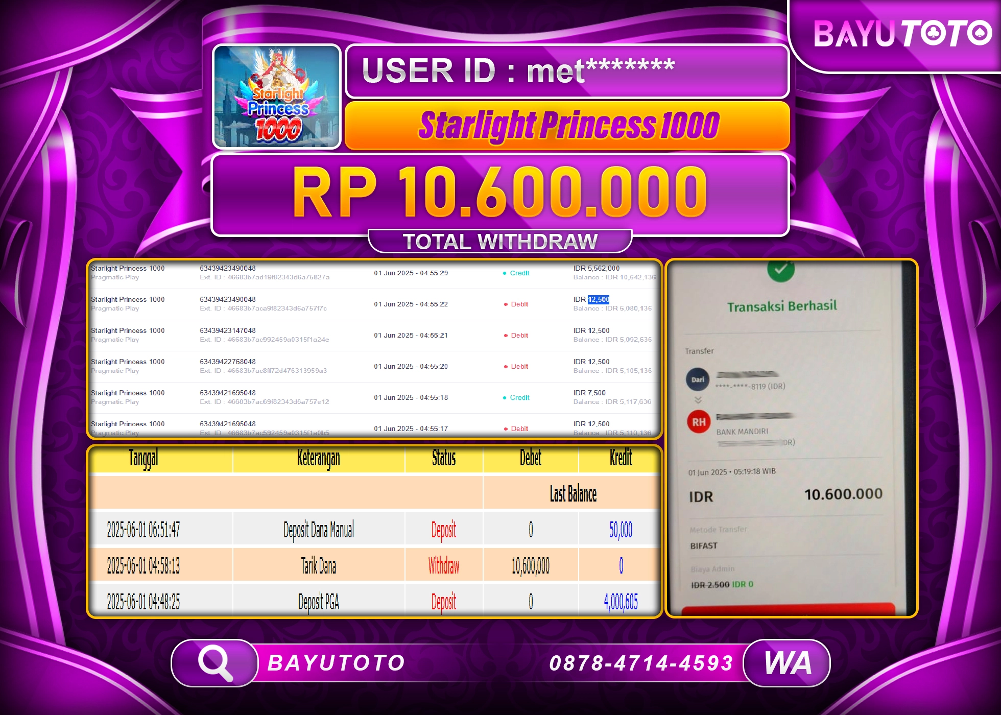 BAYUTOTO JACKPOT DI SLOT STARLIGHT PRINCES 1000 Rp.10,600,000 LUNAS