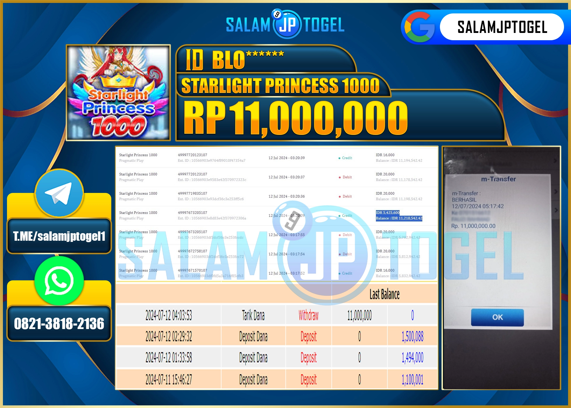 SALAMJPTOGEL MENANG Starlight Princess 1000 RP. 11,000,000.,LUNAS