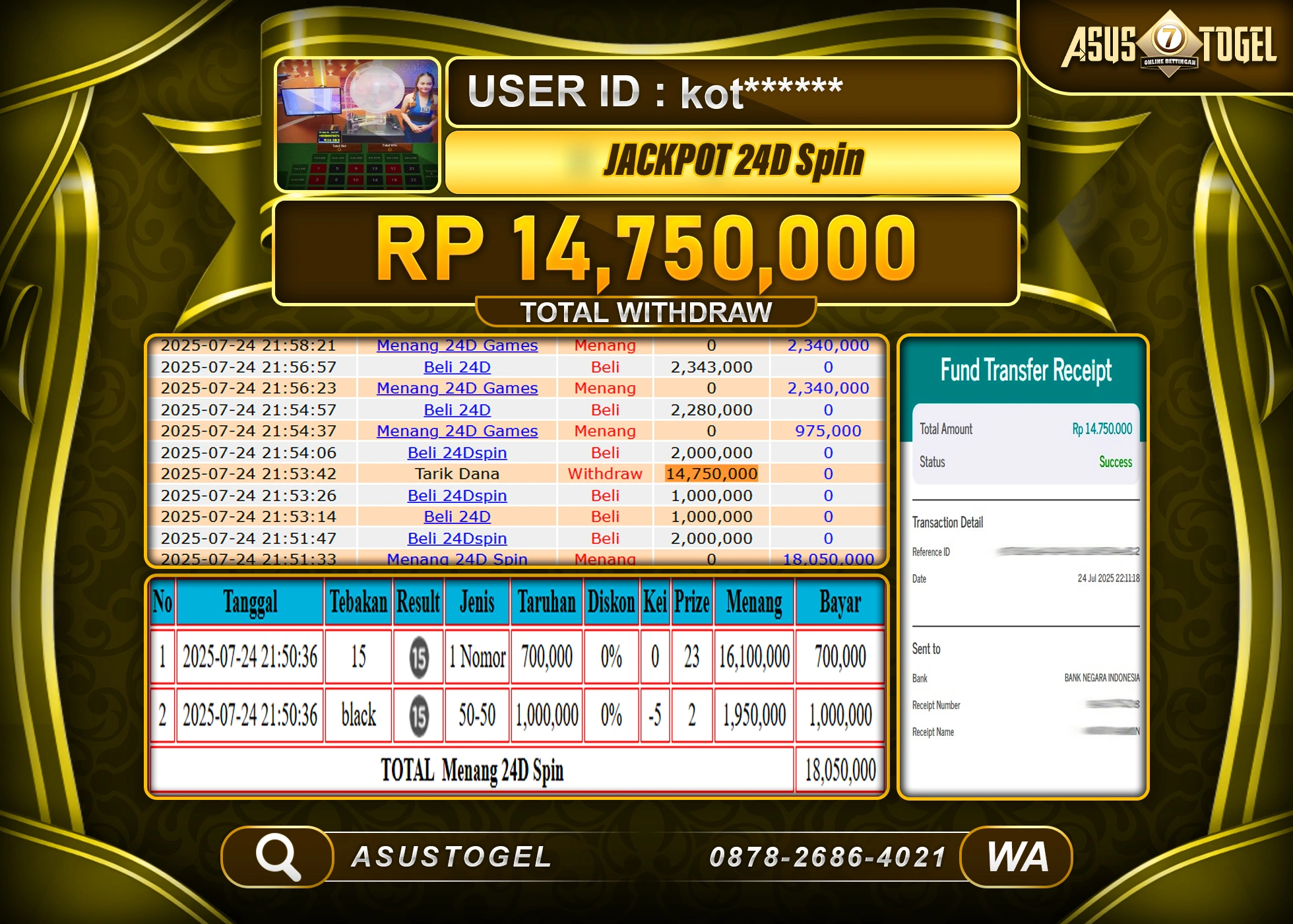 ASUSTOGEL KEMENANGAN DI LIVEGAME 24D GAMES SEBESAR 14,750,000- RUPIAH LUNAS