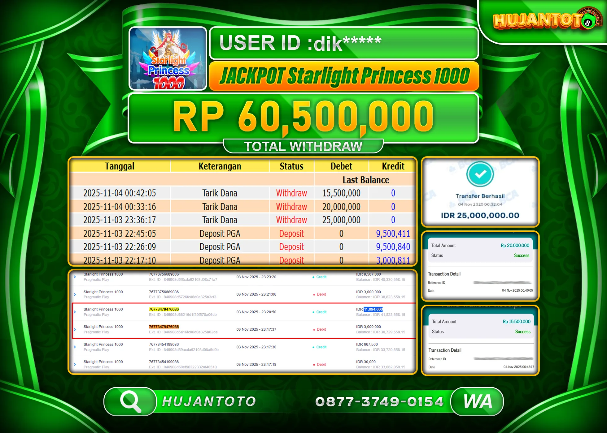 HUJANTOTO - BUKTI JACKPOT MENANG SLOT STARLIGHT PRINCESS 1000 Rp.60,500,000 - TERBAYAR LUNAS