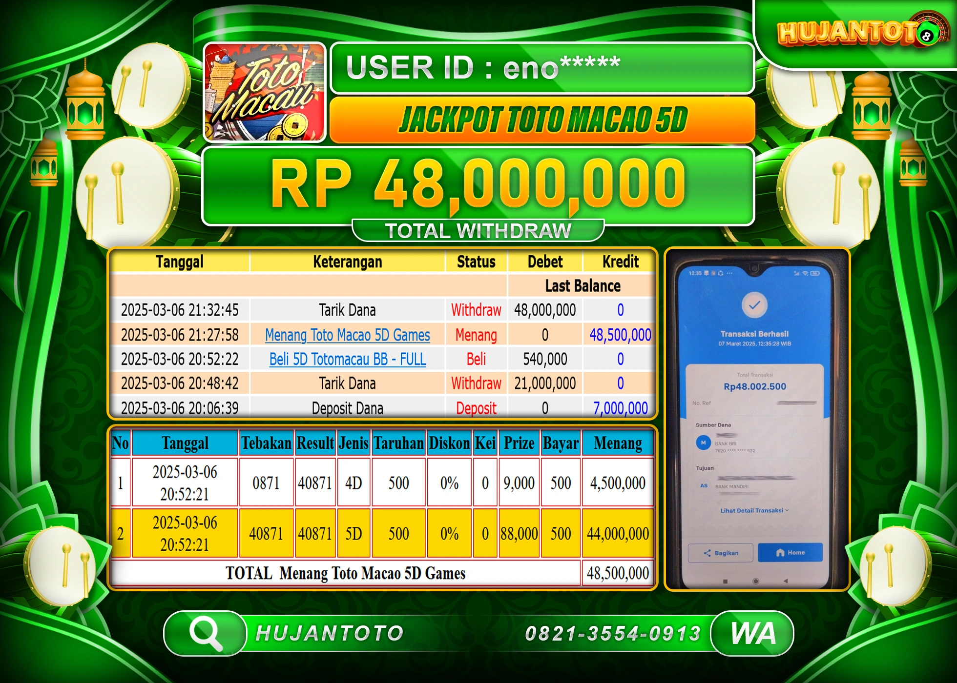 HUJANTOTO - BUKTI JACKPOT MENANG TOGEL TOTO MACAU 5D, Rp,48,000,000 - TERBAYAR LUNAS