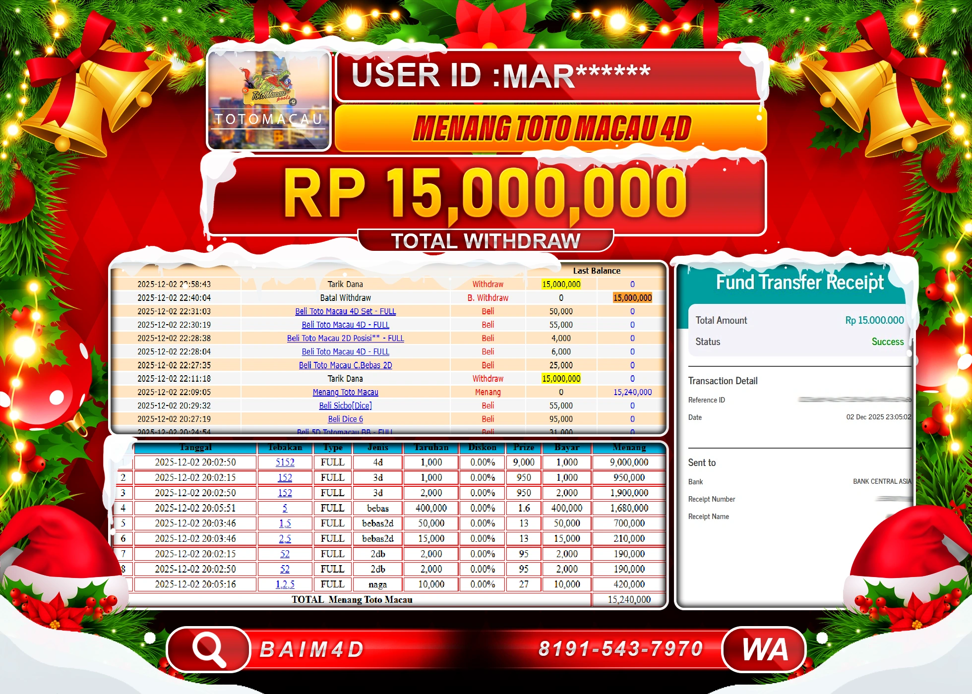 BAIM4D JACKPOT TOGEL TOTO MACAU 4D Rp.15,000,000 - LUNAS