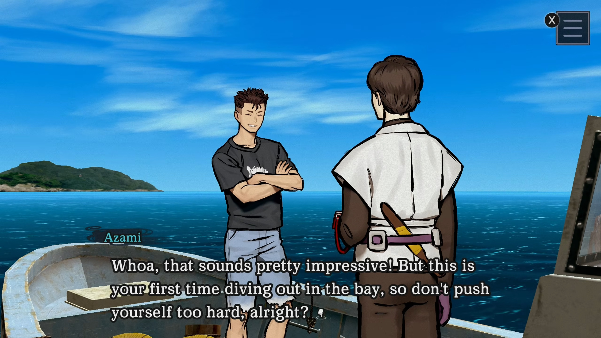 Azami and Yuza on a boat, the latter dressed in ama suit, ready to dive in the ocean. On the far left, the green island of Kageshima can be seen.