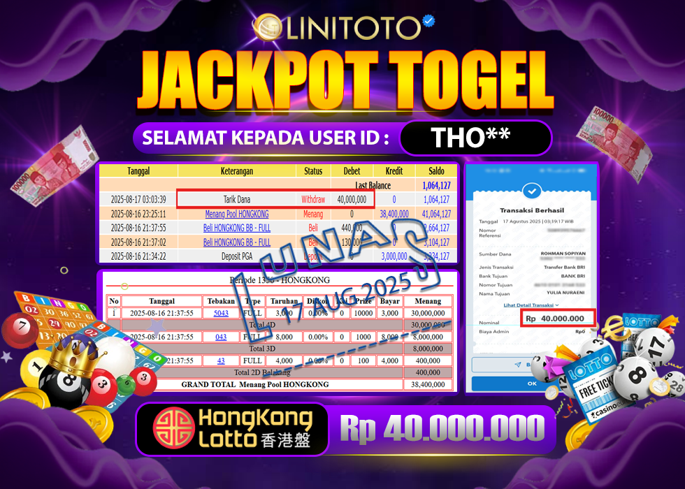 LINITOTO JACKPOT TOGEL HONGKONG LATTO Rp.40.000.000- LUNAS