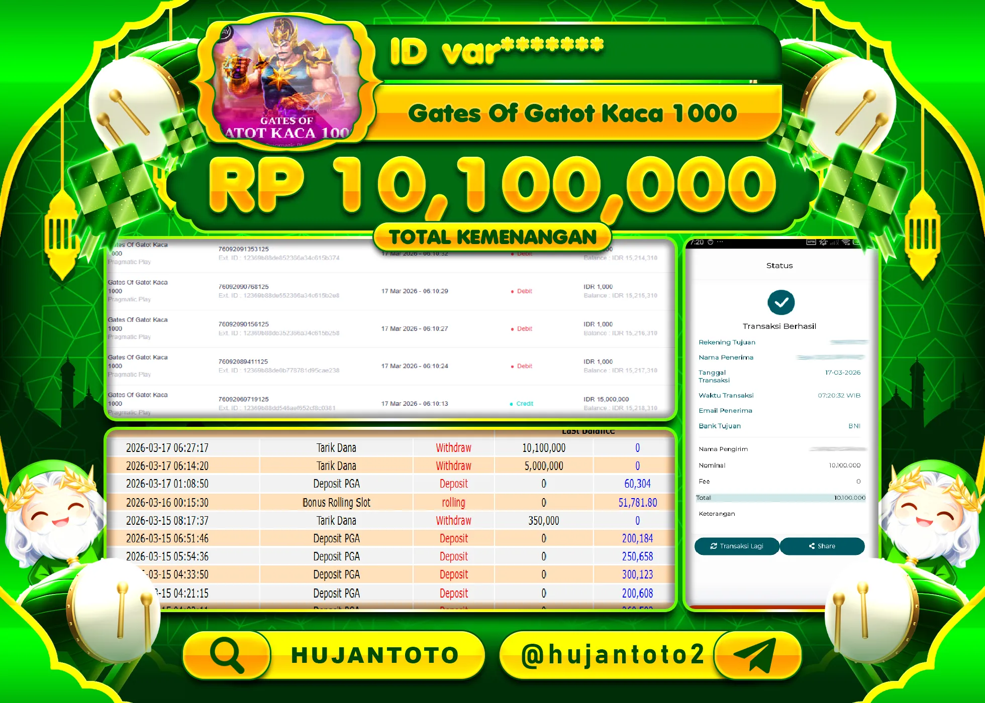 HUJANTOTO - BUKTI JACKPOT MENANG SLOT GATES OF GATOT KACA 1000 Rp.10,100,000 - TERBAYAR LUNAS