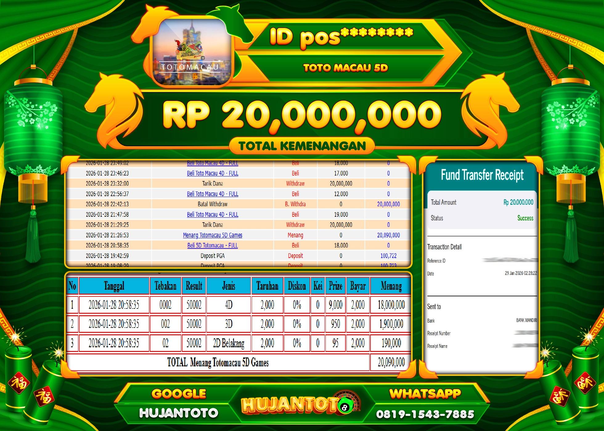 HUJANTOTO - BUKTI JACKPOT MENANG TOGEL TOTO MACAU 5D Rp.20,000,000 - TERBAYAR LUNAS