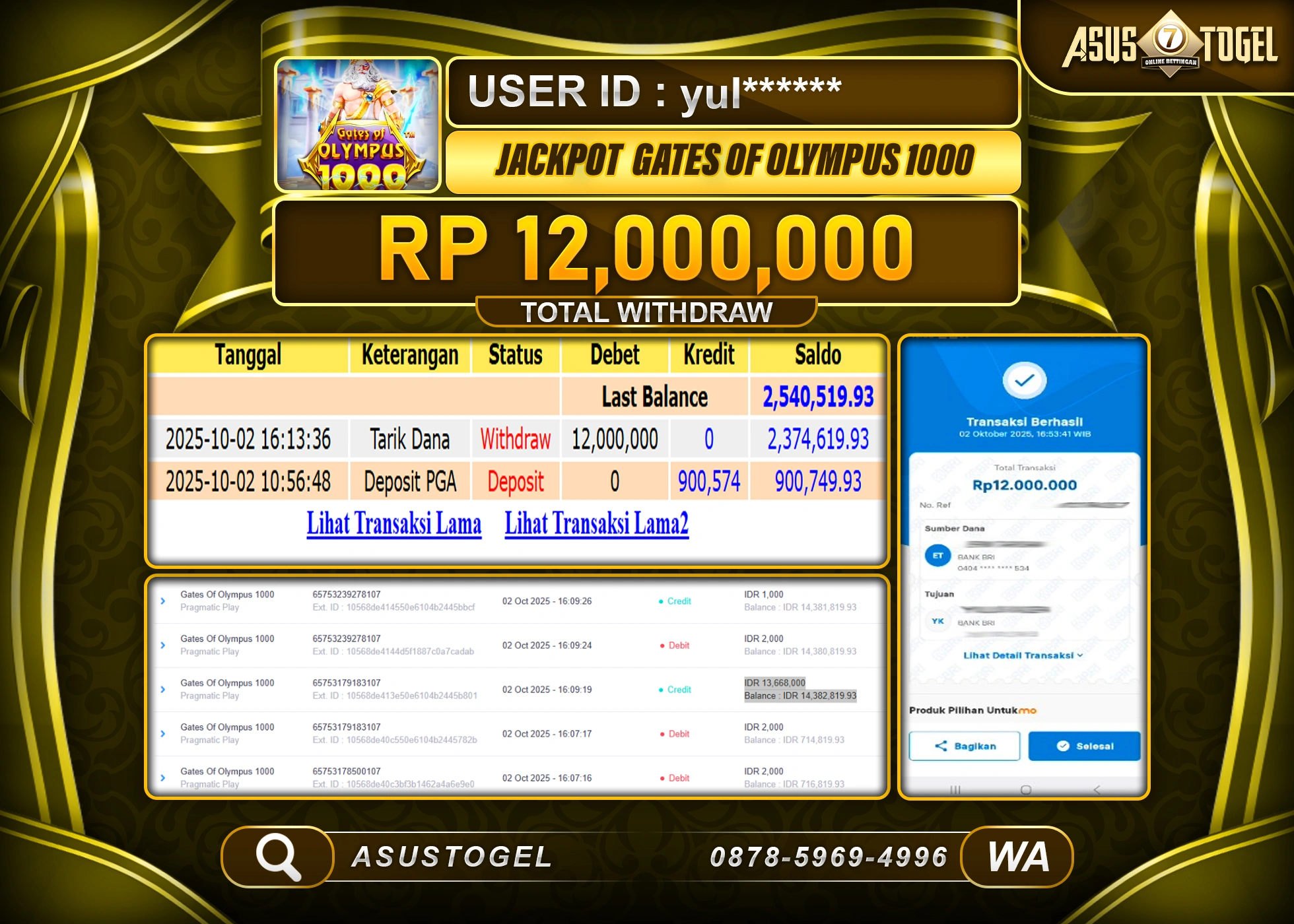 ASUSTOGEL KEMENANGAN DI SLOT GATES OF OLYMPUS 1000  SEBESAR 12,000,000- RUPIAH LUNAS