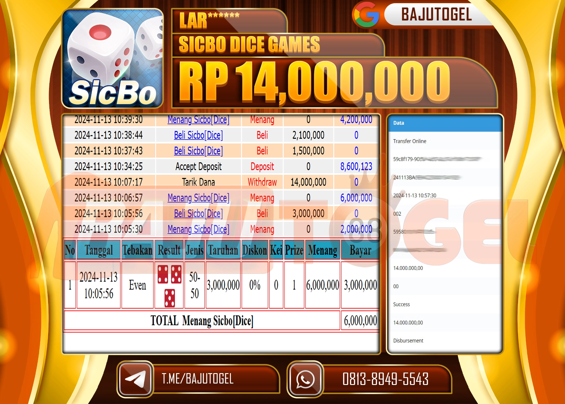 BAJUTOGEL JACKPOT LIVE CASINO SICBO DICE GAMES Rp.14.000.000 LUNAS
