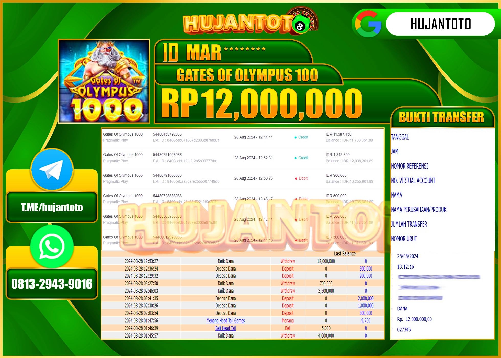 HUJANTOTO MENANG BESAR DI PERMAINAN GATES OF OLYMPUS 1000 12.000.000 - LUNAS 