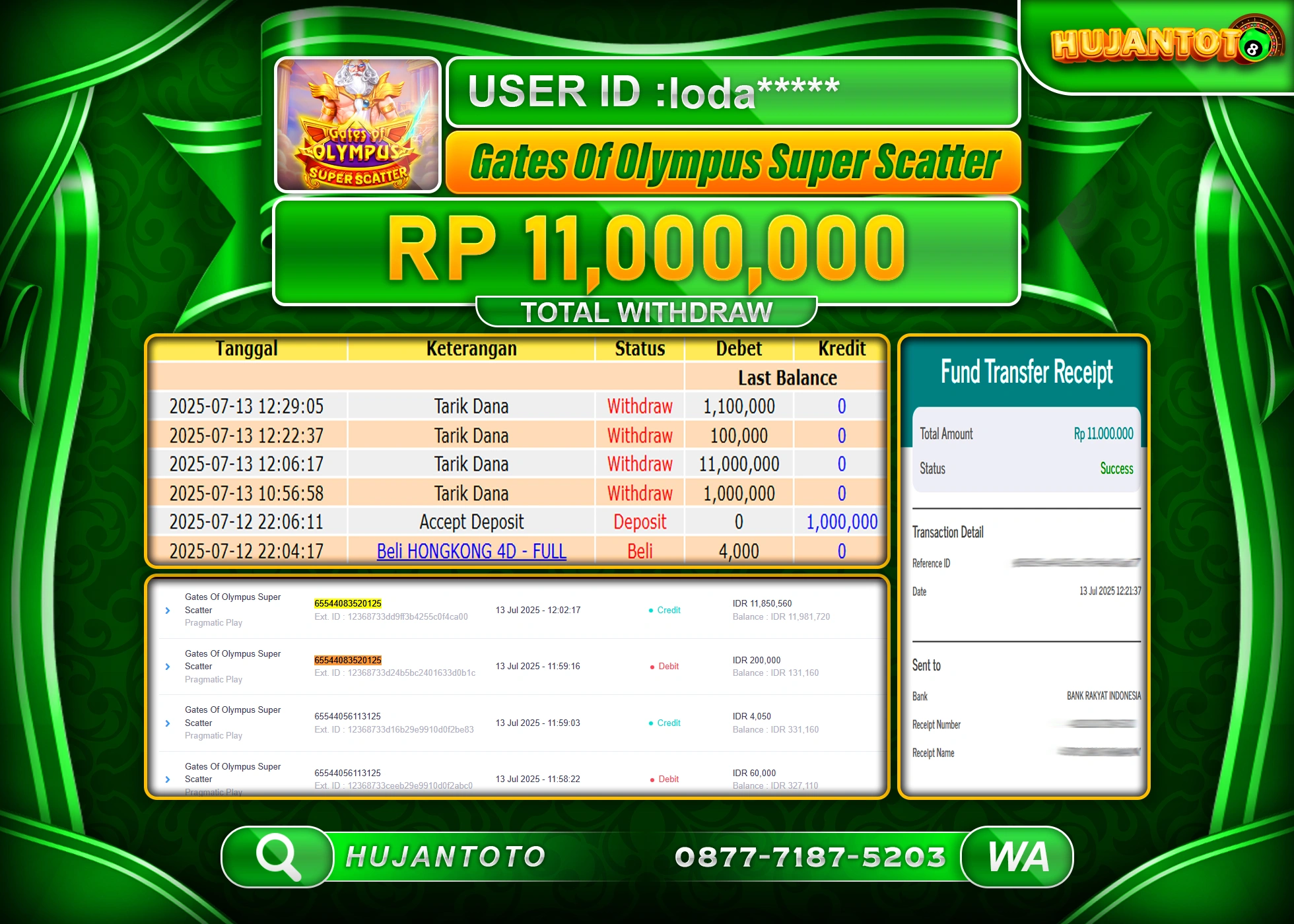 HUJANTOTO - BUKTI JACKPOT MENANG SLOT GATES OF OLYMPUS SUPER SCATTER Rp.11,000,000 - TERBAYAR LUNAS