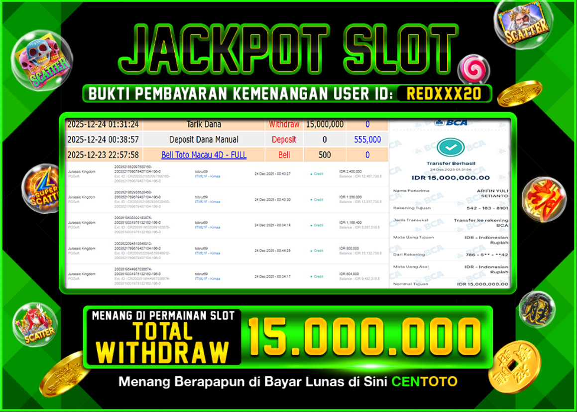 BUKTI JACKPOT SLOT CENTOTO  RP.15.000.000,-LUNAS