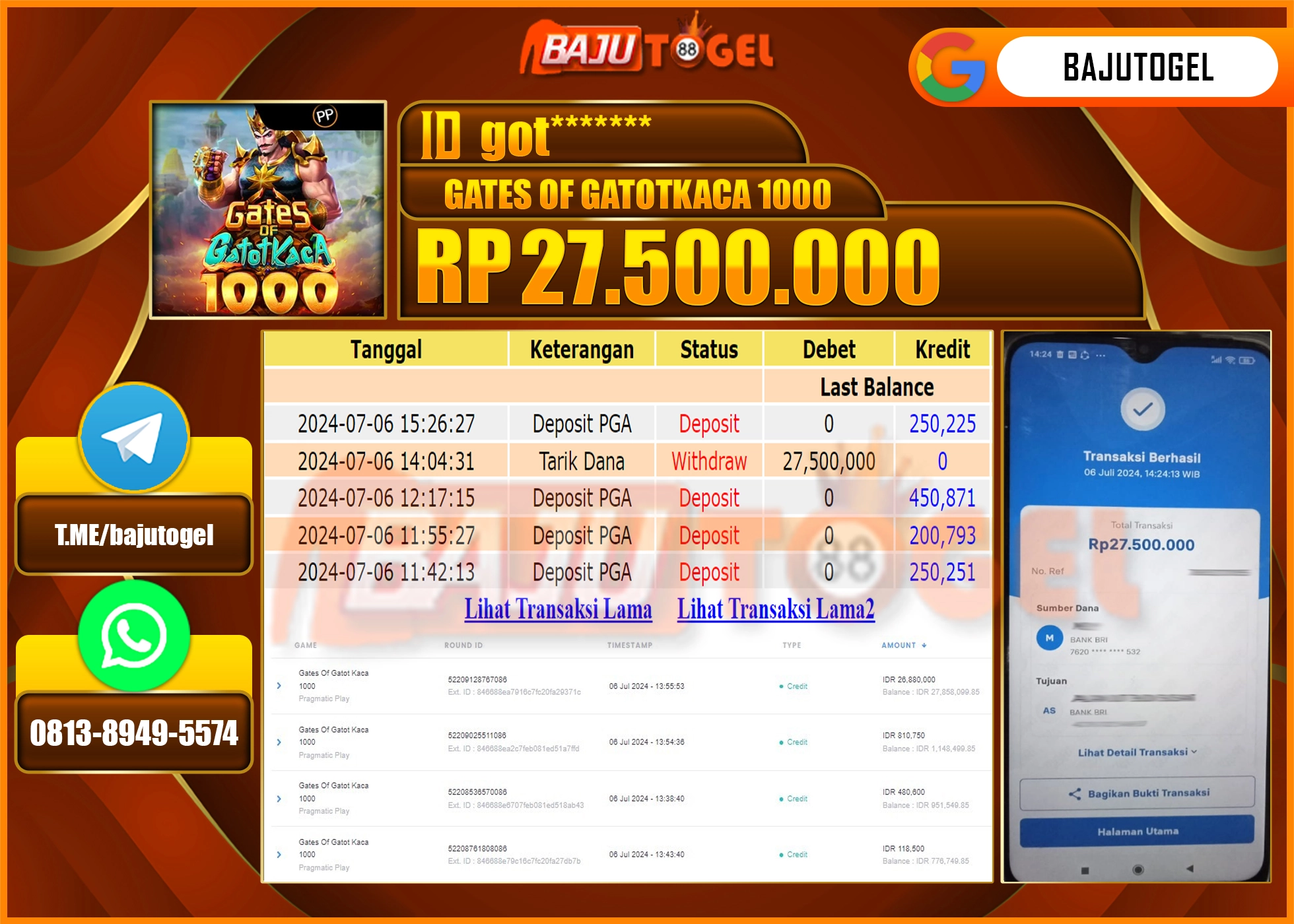 BAJUTOGEL JACKPOT GATES OF GATOT KACA 1000 Rp.27.500.000 LUNAS