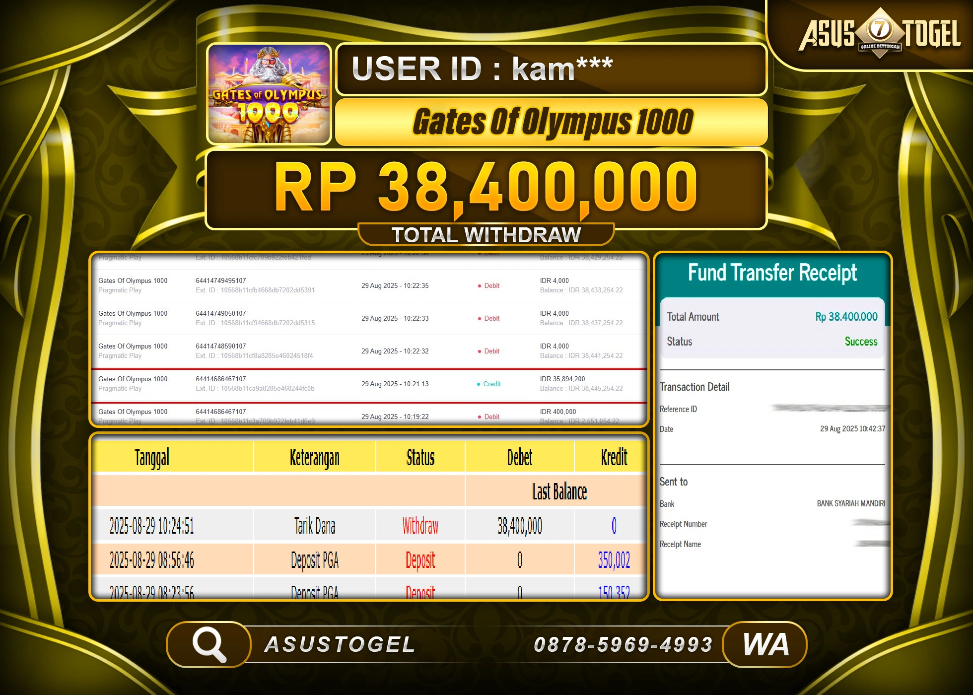 ASUSTOGEL KEMENANGAN DI SLOT GATES OF OLYMPUS 1000 SEBESAR 38,400,000- RUPIAH LUNAS