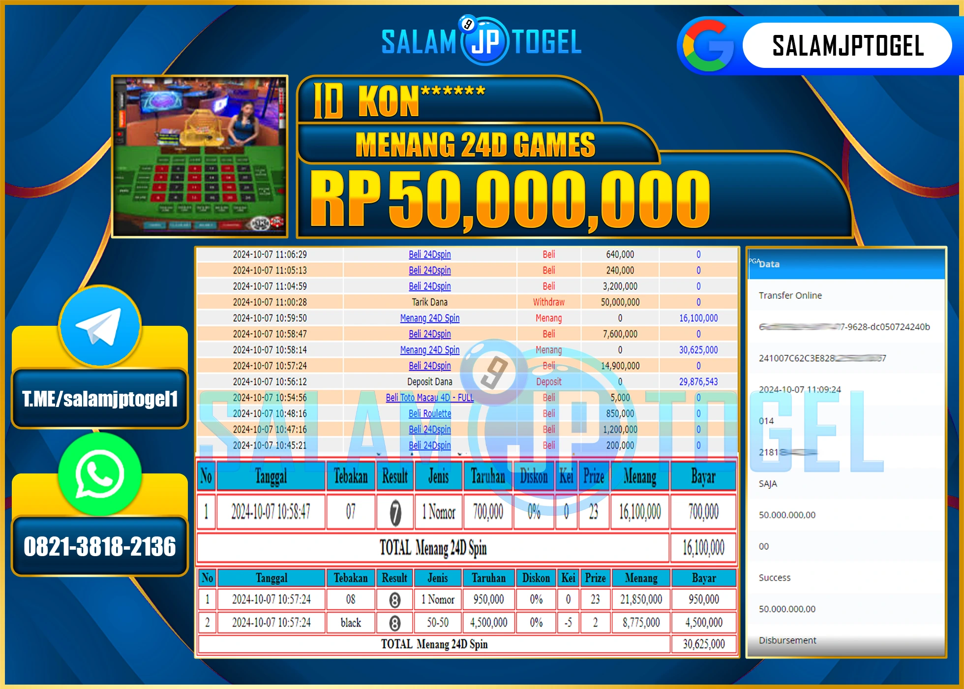 SALAMJPTOGEL MENANG LIVEGAMES ROULETTE GAMES RP. 50,000,000 LUNAS