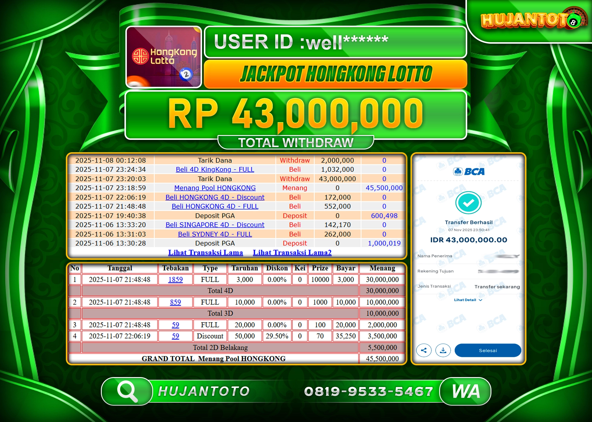 HUJANTOTO - BUKTI JACKPOT MENANG TOGEL HONGKONG LOTTO Rp.43,000,000  - TERBAYAR LUNAS