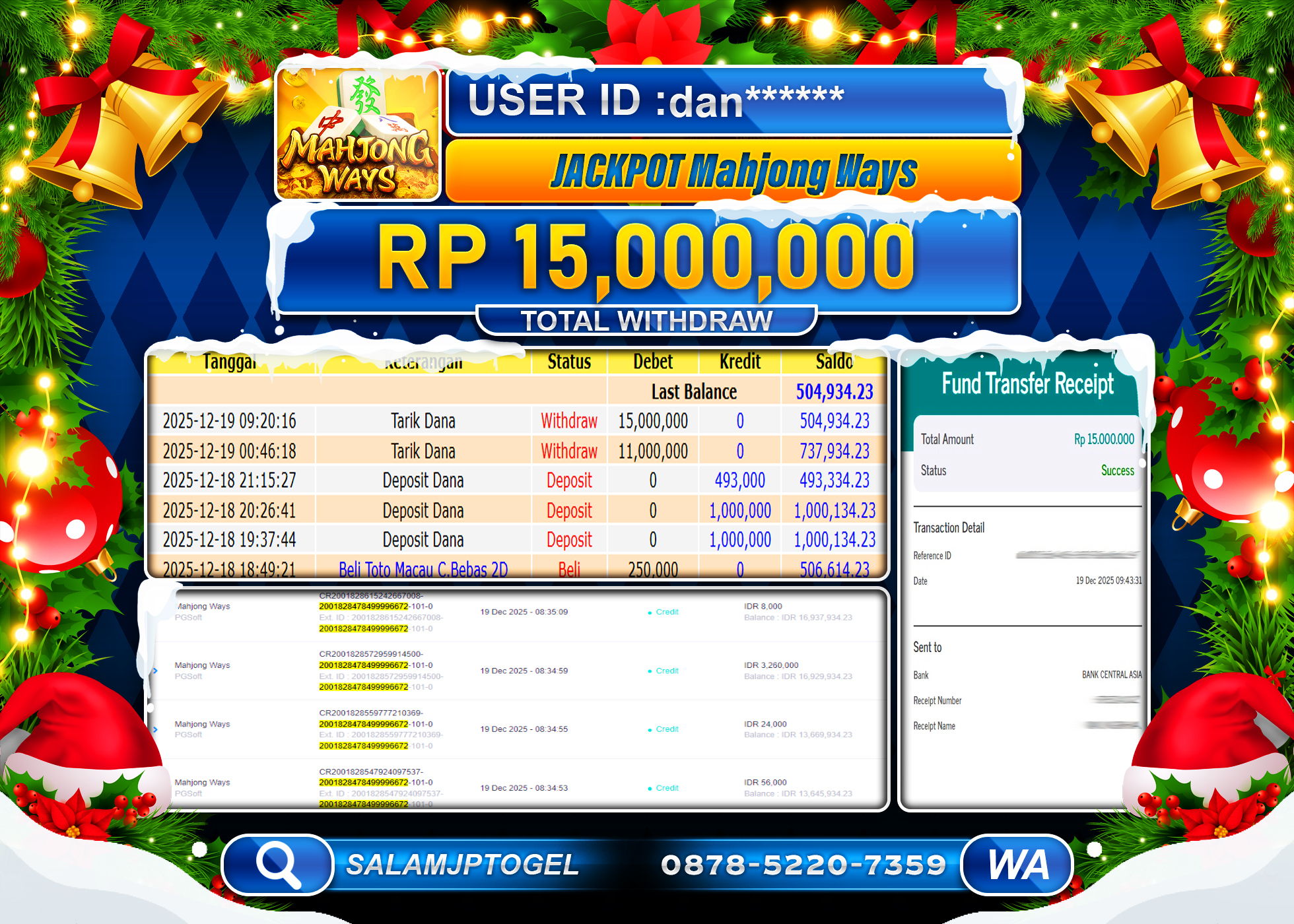 SALAMJPTOGEL JACKPOT MAHJONG WAYS PG SOFT Rp.15,000,000 - LUNAS