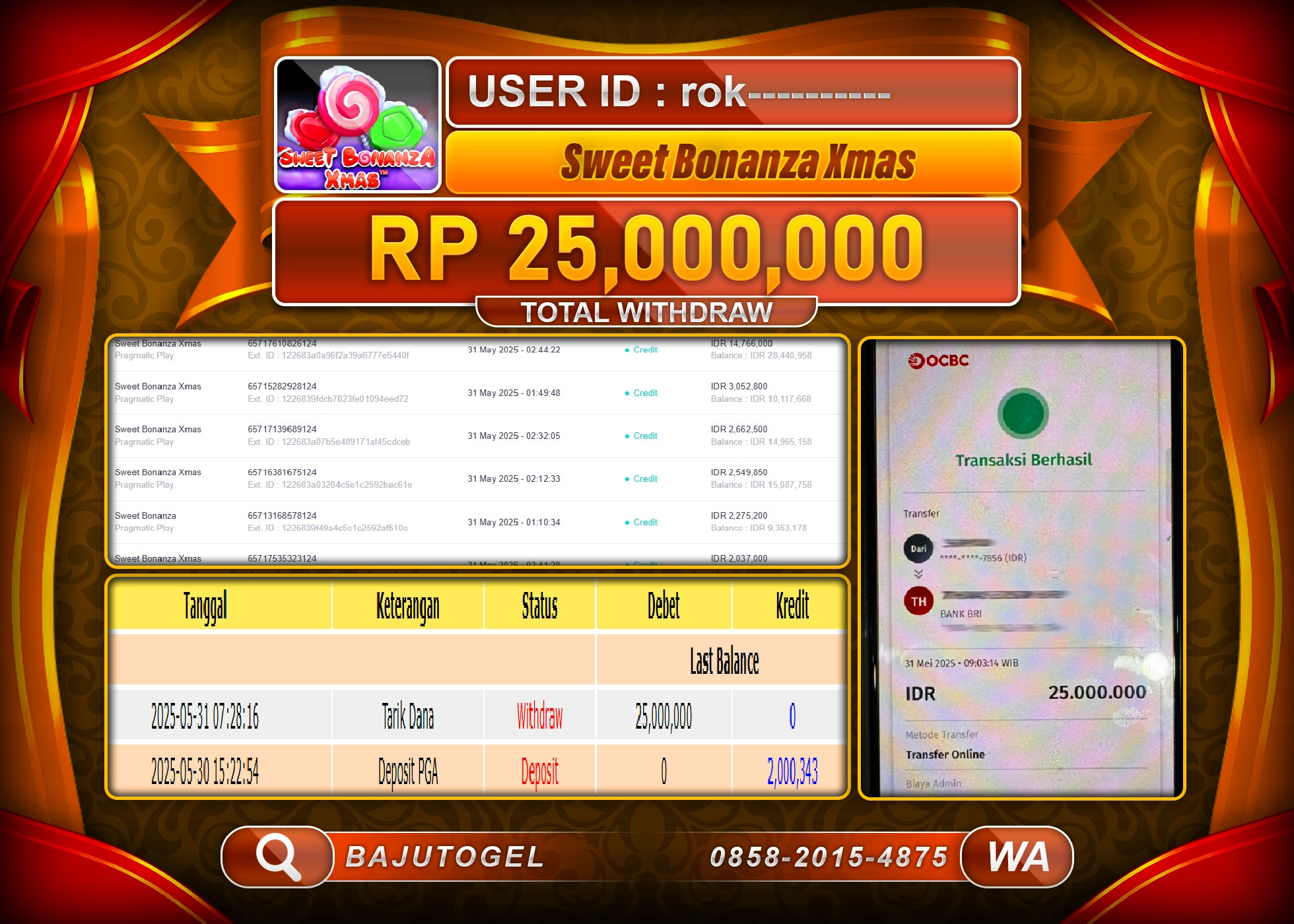 BAJUTOGEL KEMENANGAN SWEET BONANZA XMAS Rp.25.000.000 LUNAS