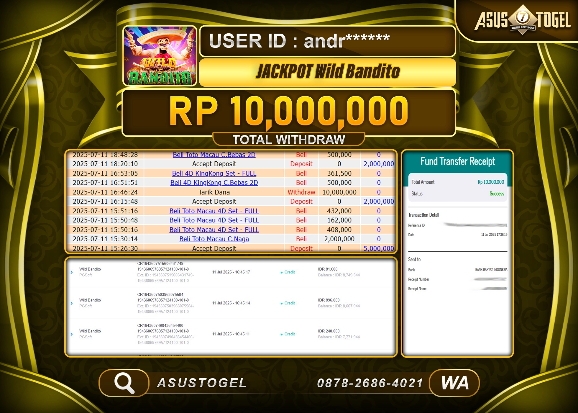 ASUSTOGEL KEMENANGAN DI SLOT WILD BANDITO SEBESAR 10,000,000- RUPIAH LUNAS