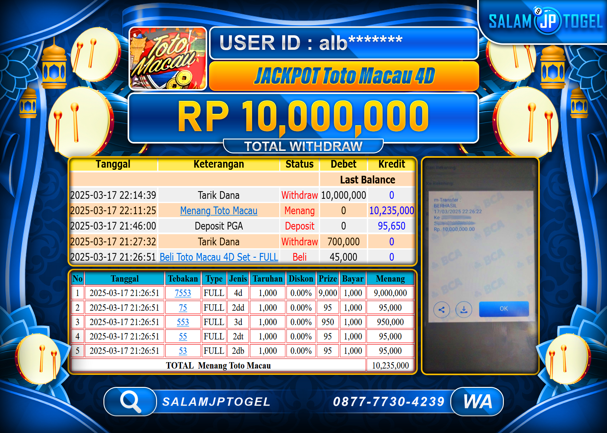 SALAMJPTOGEL MENANG TOTO MACAU 4D Rp. 10,000,000 LUNAS