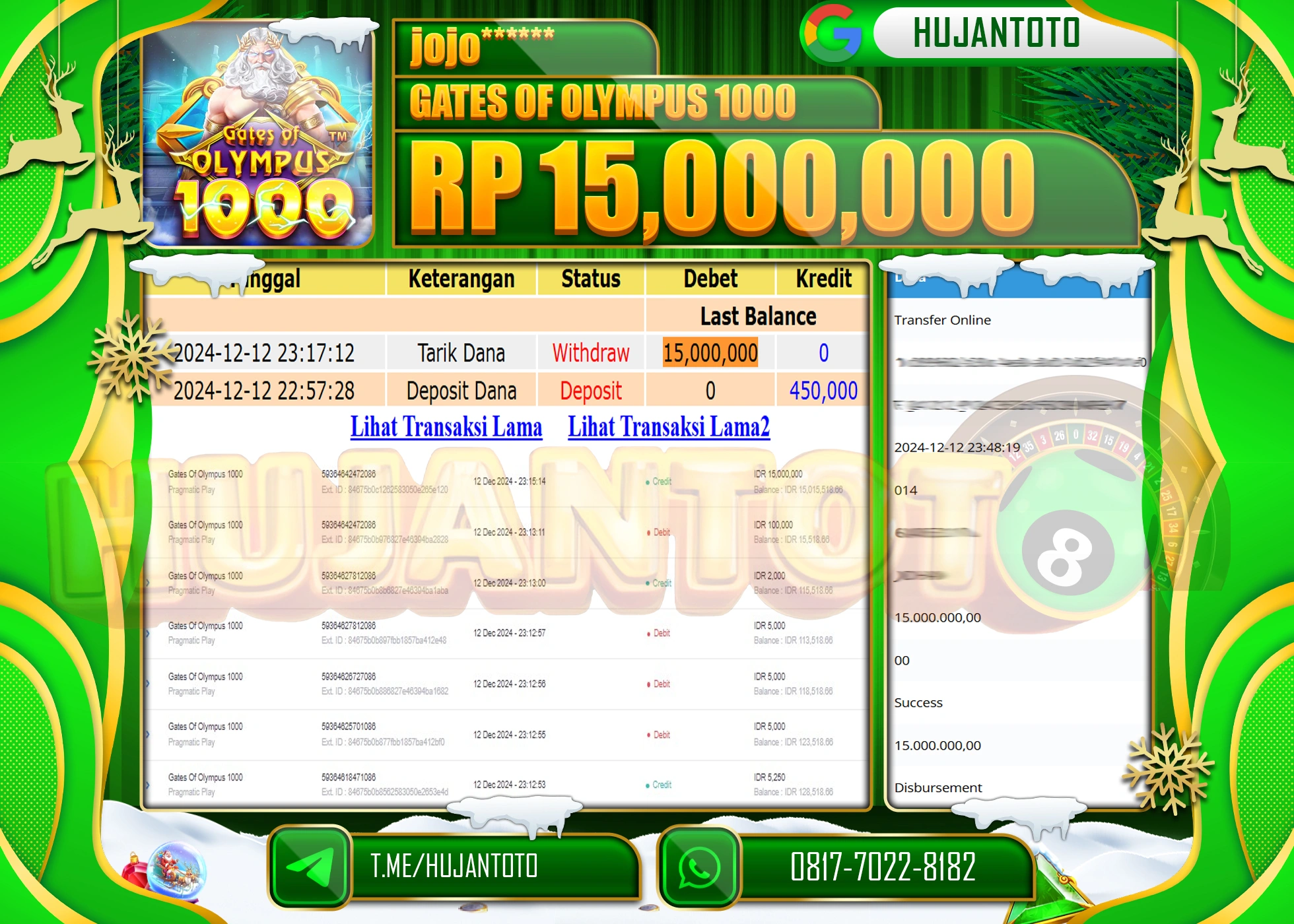 HUJANTOTO KEMENANGAN BESAR YANG DI RAIH DI PERMAINAN SLOT GATES OF OLYMPUS SEBESAR - 15,000,000 - TERBAYAR LUNAS