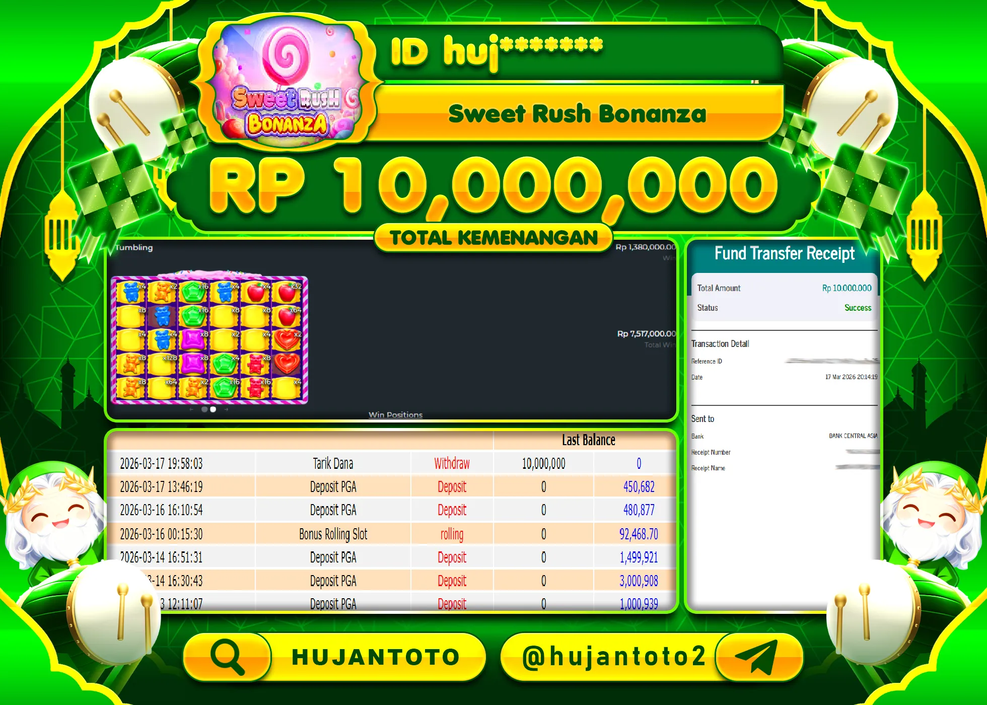 HUJANTOTO - BUKTI JACKPOT MENANG SLOT SWEET RUSH BONANZA Rp.10,000,000 - TERBAYAR LUNAS
