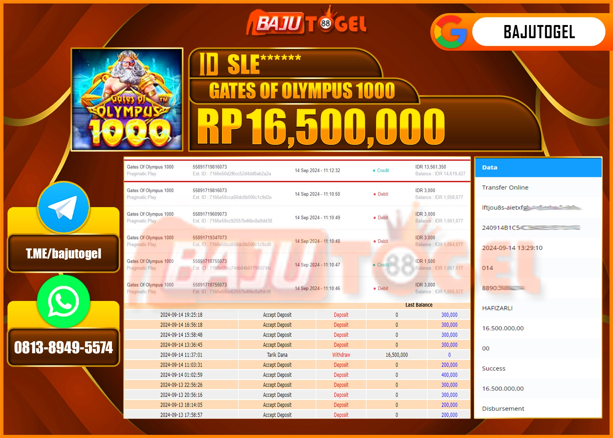 BAJUTOGEL JACKPOT SLOT GATES OF OLYMPUS 1000 Rp.16.500.000 LUNAS
