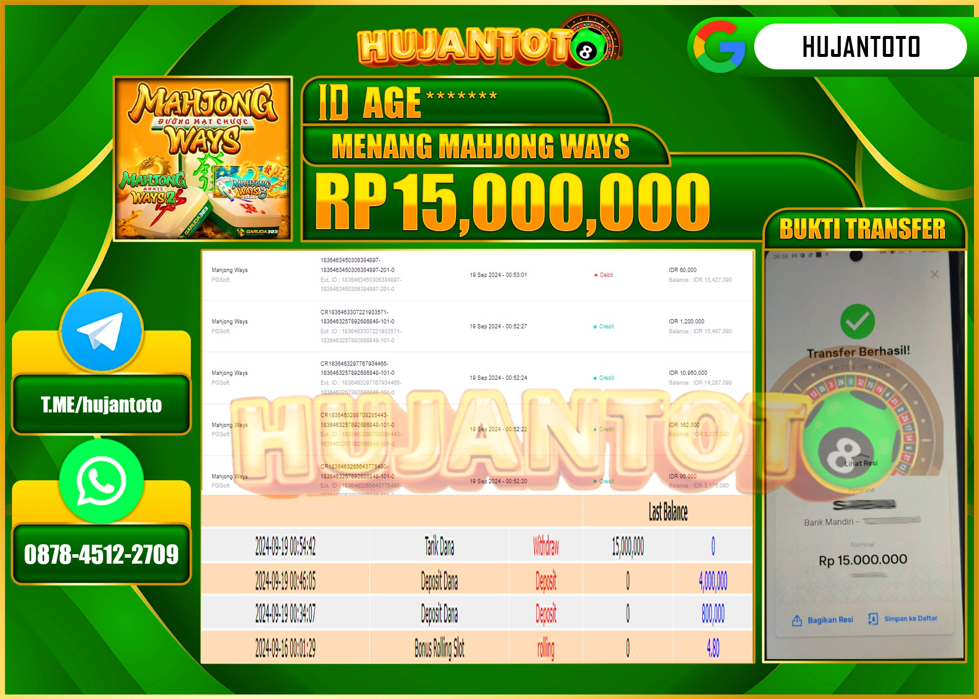 HUJANTOTO MENANG BESAR DI PERMAINAN SLOT MAHJONG WAYS , 15,000,000 - LUNAS 