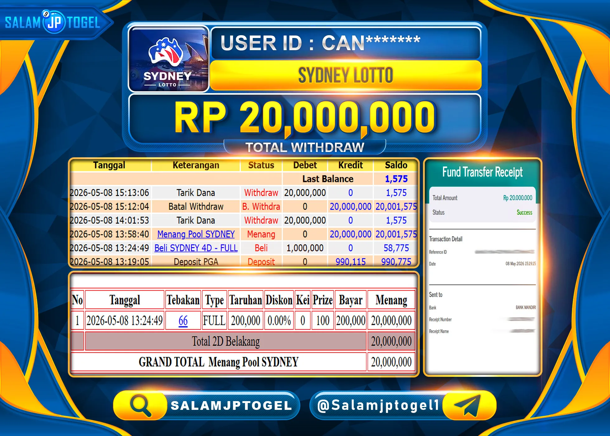 SALAMJPTOGEL JACKPOT Periode 2713 - SYDNEY (togel) Rp.20,000,000- LUNAS