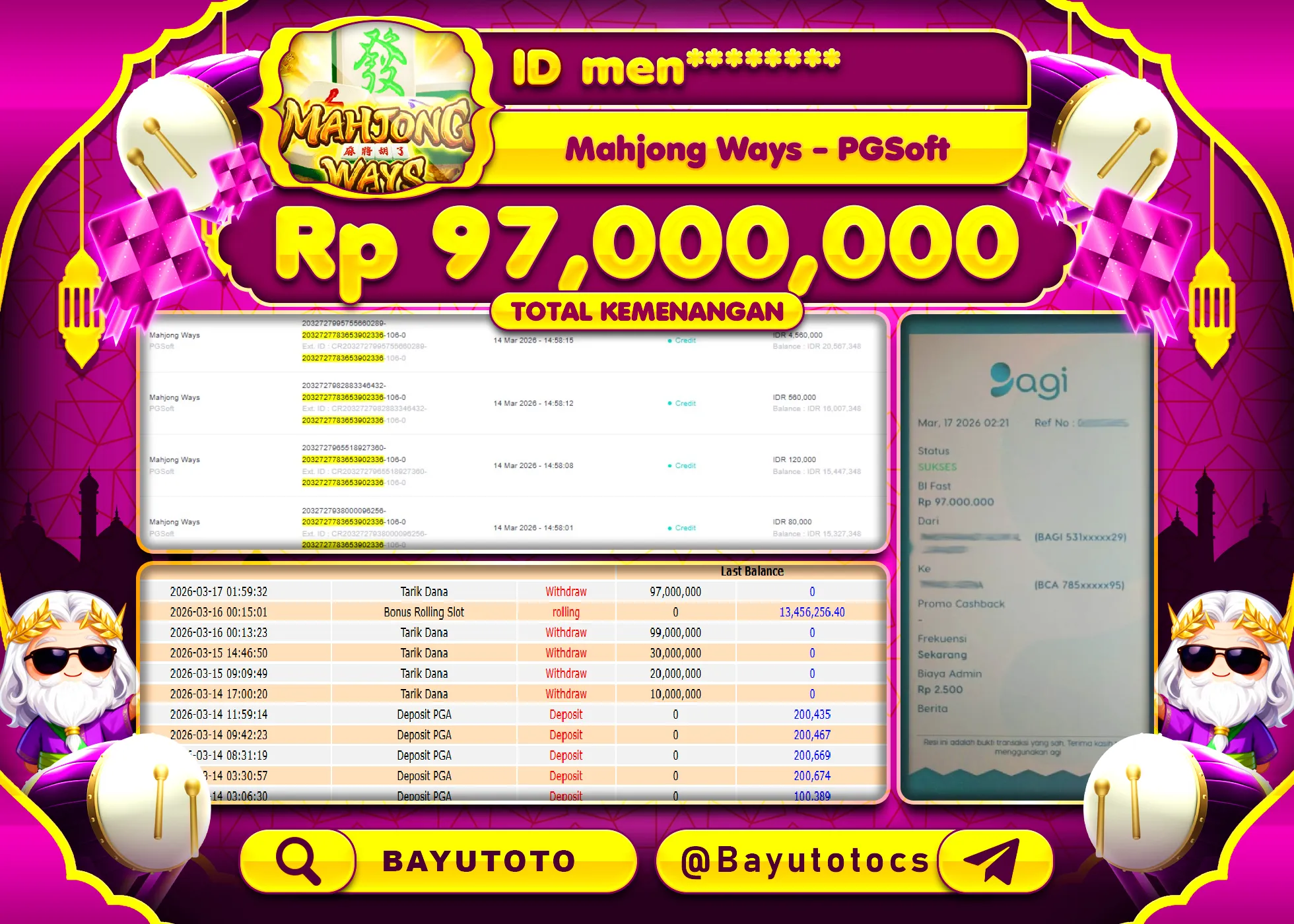 SELAMAT MEMBER SETIA BAYUTOTO JACKPOT DI SLOT MAHJONG WAYS (PGSOFT) Rp. 97,000,000 LUNAS