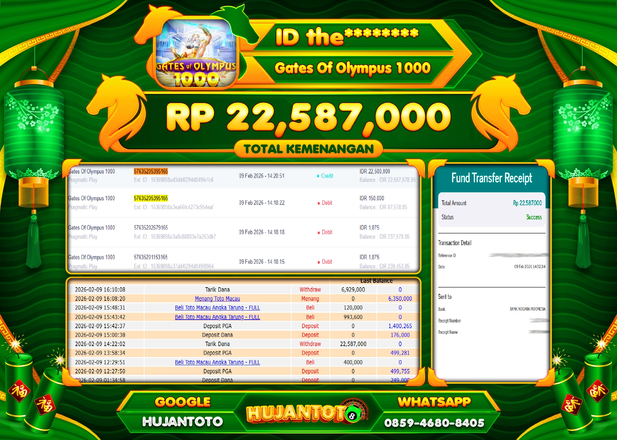 HUJANTOTO - BUKTI JACKPOT MENANG SLOT GATES OF OLYMPUS 1000 Rp.22,587,000 - TERBAYAR LUNAS
