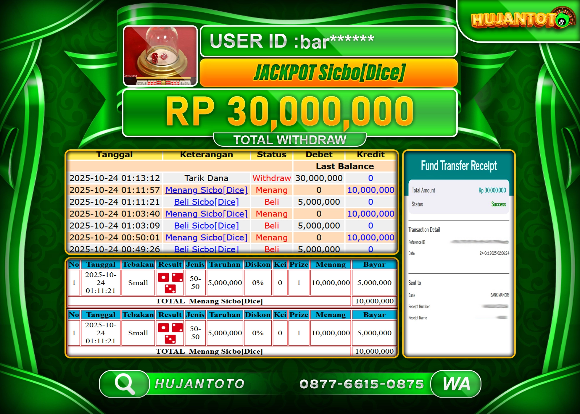 HUJANTOTO - BUKTI JACKPOT MENANG LIVEGAME SICBO DICE GAME Rp.30,000,000 - TERBAYAR LUNAS
