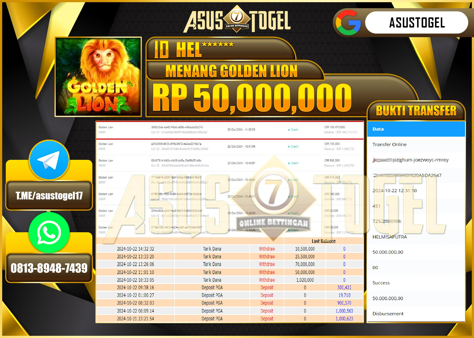 ASUSTOGEL KEMENANGAN DI GAMES GOLDEN LION SEBESAR 50,000,000- RUPIAH LUNAS