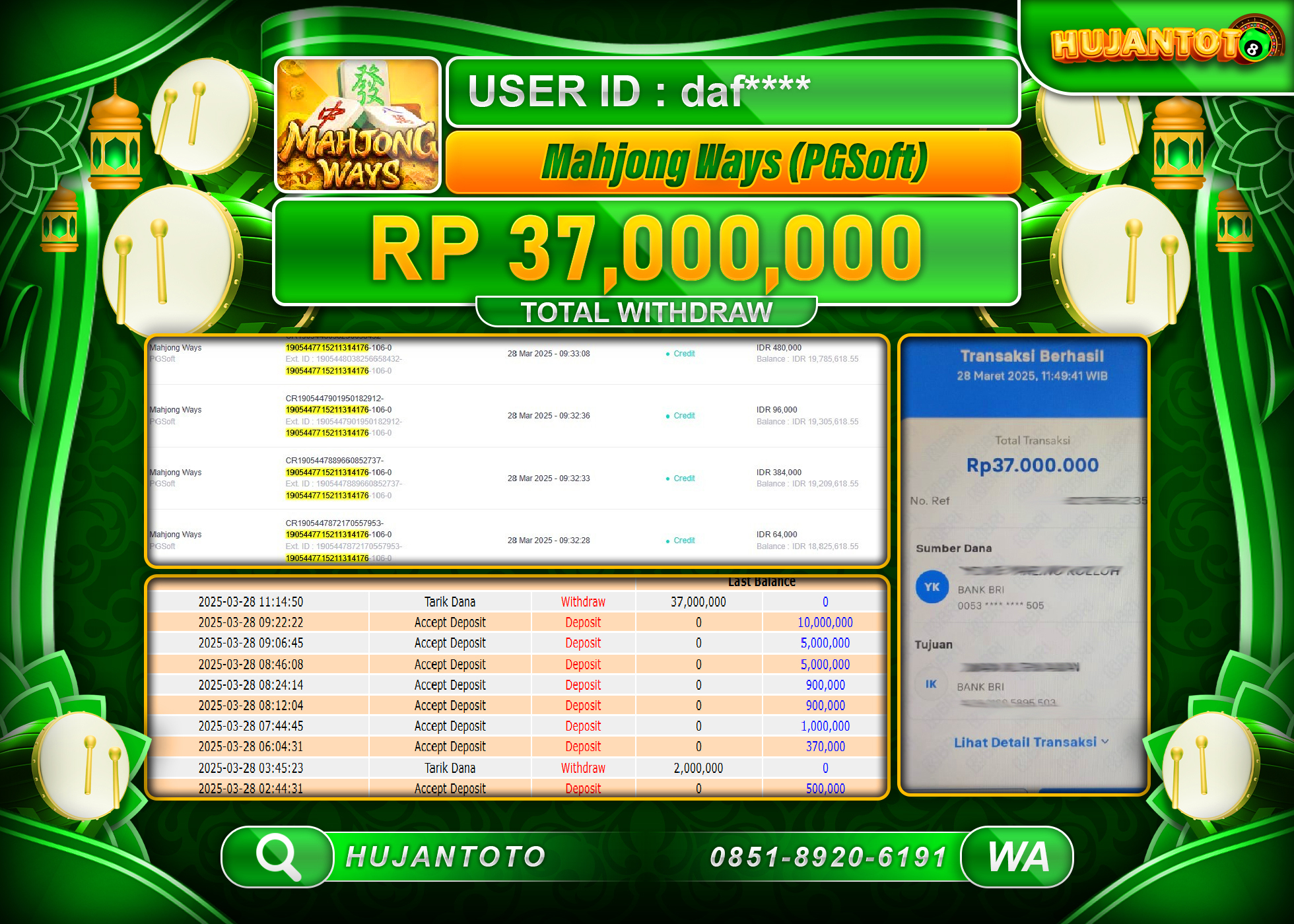 HUJANTOTO - BUKTI JACKPOT MENANG DI GAME SLOT MAHJONG WAYS Rp,37,000,000- TERBAYAR LUNAS