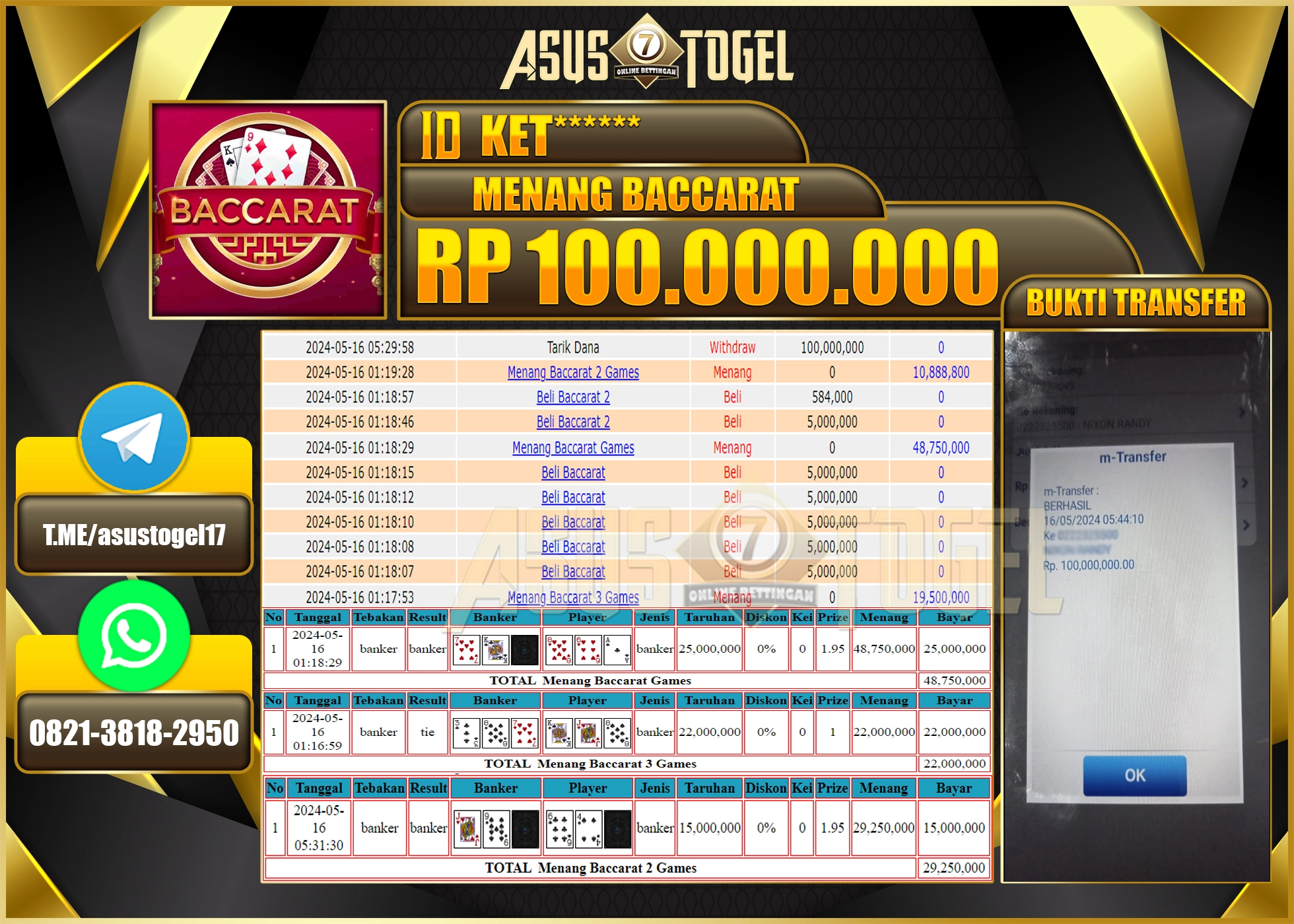 ASUSTOGEL KEMENANGAN BESAR GAMES BACCARAT 100,000,000-LUNAS