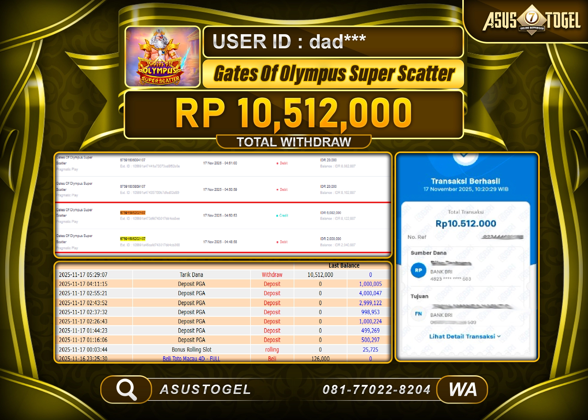 ASUSTOGEL KEMENANGAN DI SLOT GATES OF OLYMPUS SUPER SCATTER SEBESAR 10,512,000 - RUPIAH LUNAS