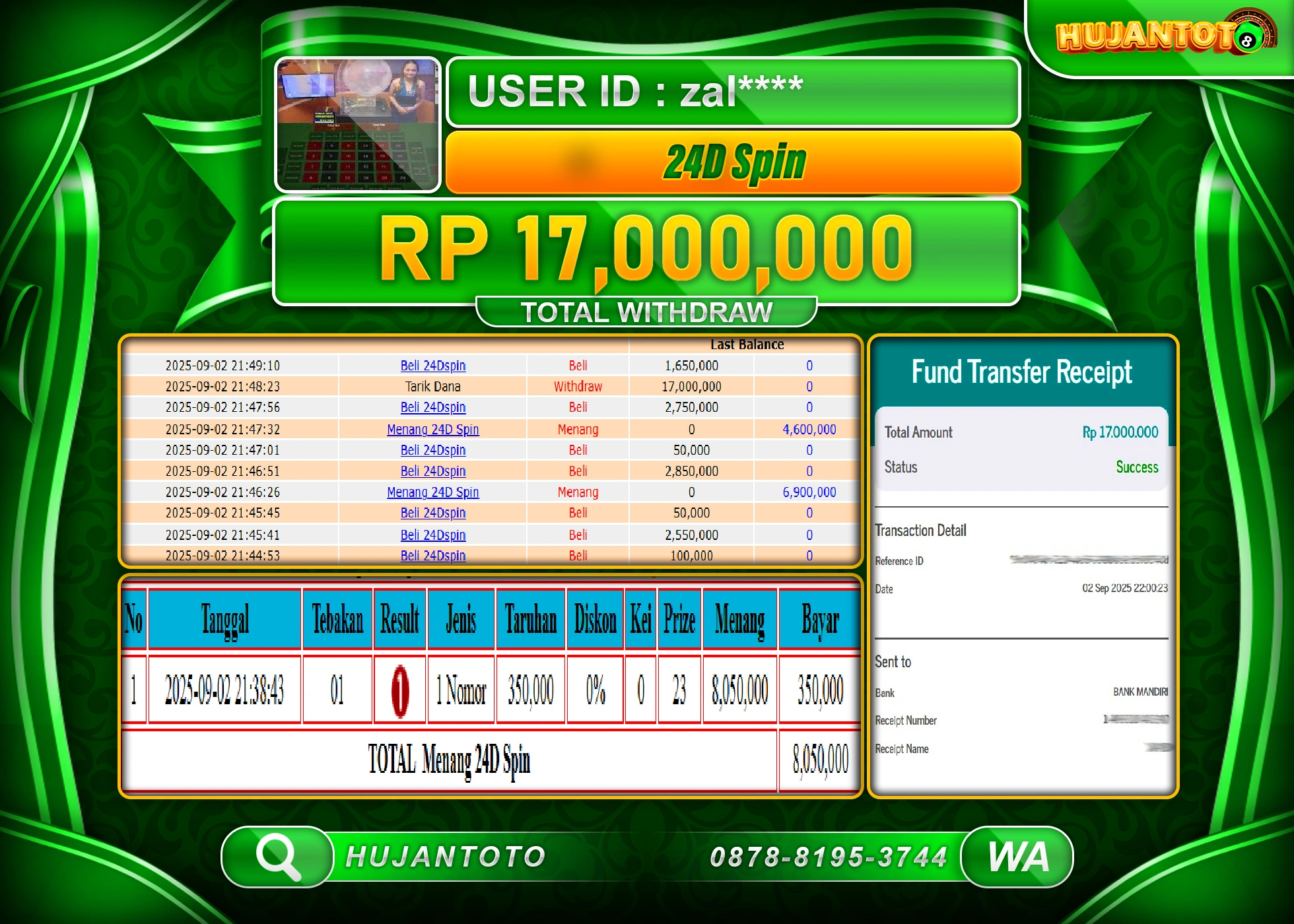HUJANTOTO - BUKTI JACKPOT MENANG LIVE GAME 24D SPIN GAMES Rp.17,000,000 - TERBAYAR LUNAS