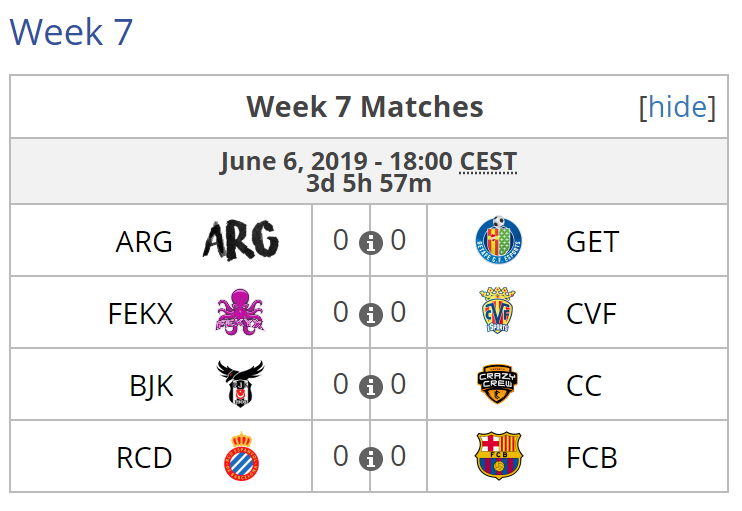 Última jornada de ESL Masters de Rocket League. Fuente: https://liquipedia.net/rocketleague/ESL/Masters_España/Season_5/League_Play Última jornada de ESL Masters de Rocket League. Fuente: https://liquipedia.net/rocketleague/ESL/Masters_España/Season_5/League_Play