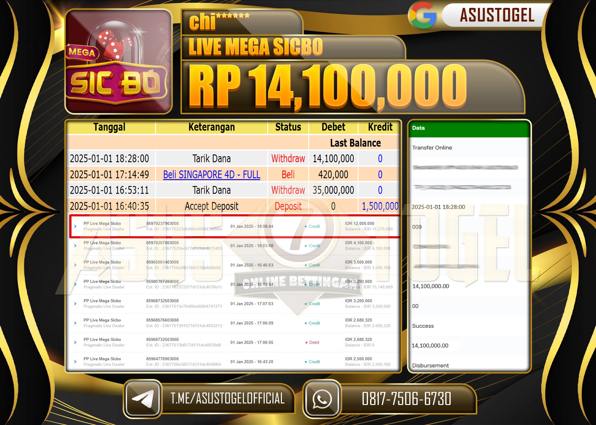 ASUSTOGEL KEMENANGAN DI LIVE MEGA SICBO  SEBESAR 14,100,000- RUPIAH LUNAS