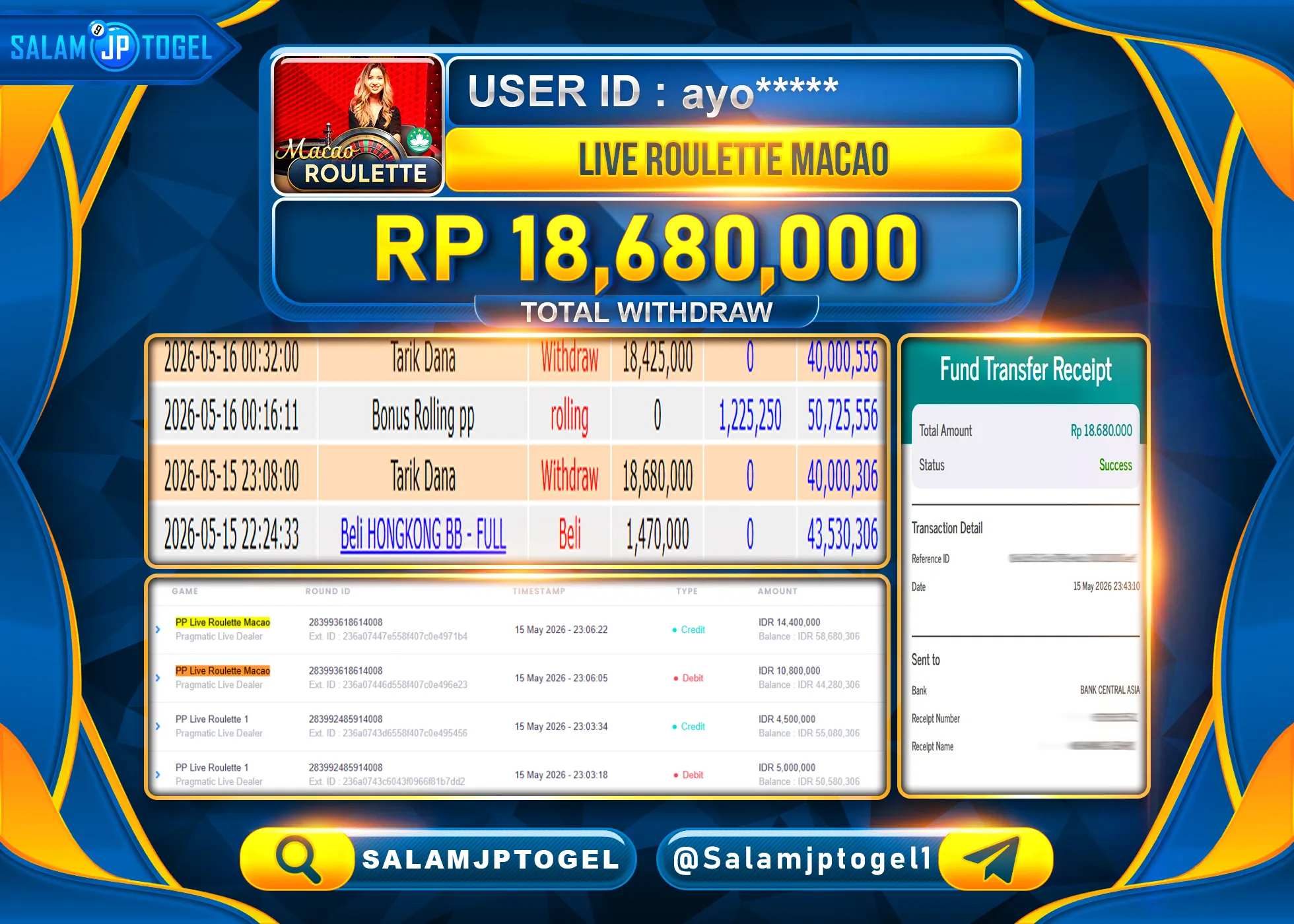 SALAMJPTOGEL Menang PP Live Roulette Macao Rp.18,680,000- LUNAS
