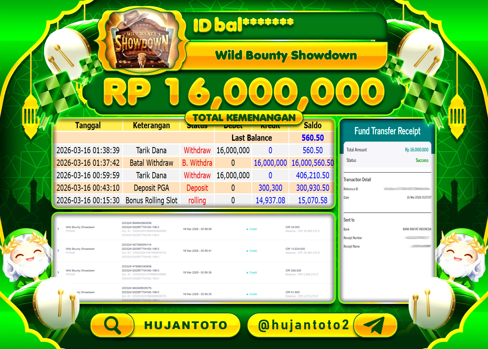 HUJANTOTO - BUKTI JACKPOT MENANG SLOT WILD BOUNTY SHOWDOWN Rp.16,000,000 - TERBAYAR LUNAS