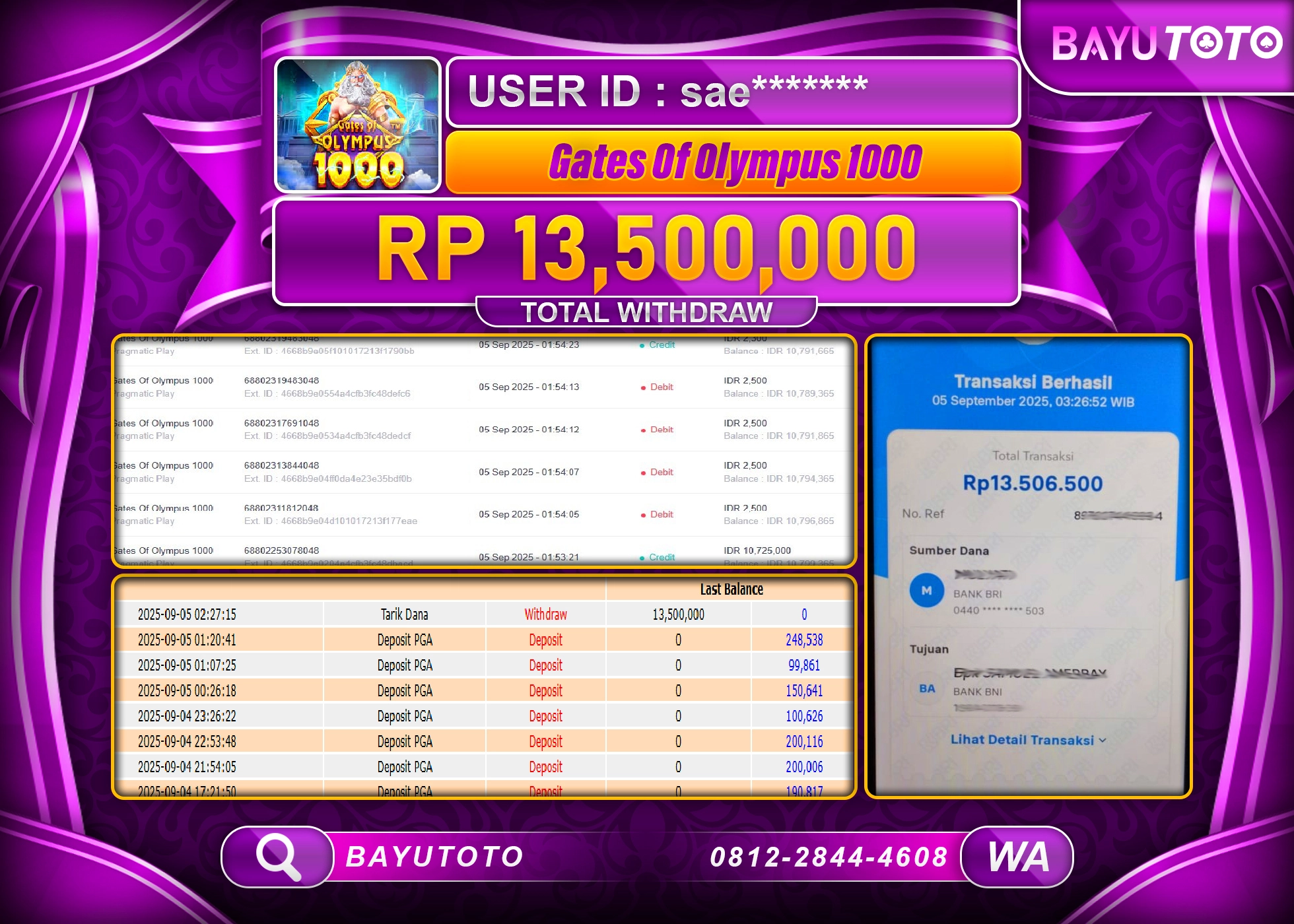 BAYUTOTO JACKPOT DI SLOT GATES OF OLYMPUS 1000 Rp.13,500,000 LUNAS