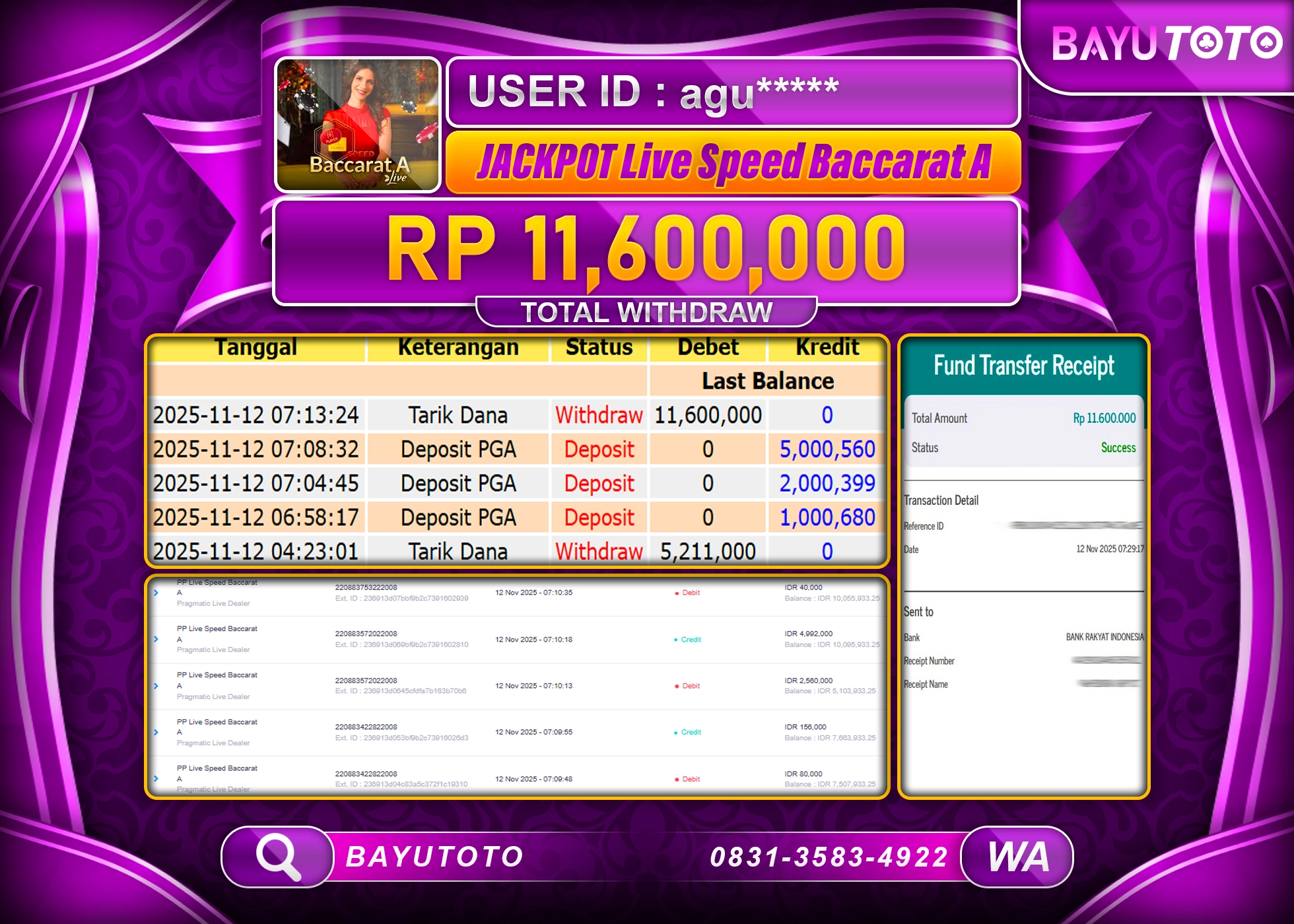 MEMBER BAYUTOTO JACKPOT DI LIVE SPEED BACCARAT A  Rp. 11,600,000 LUNAS