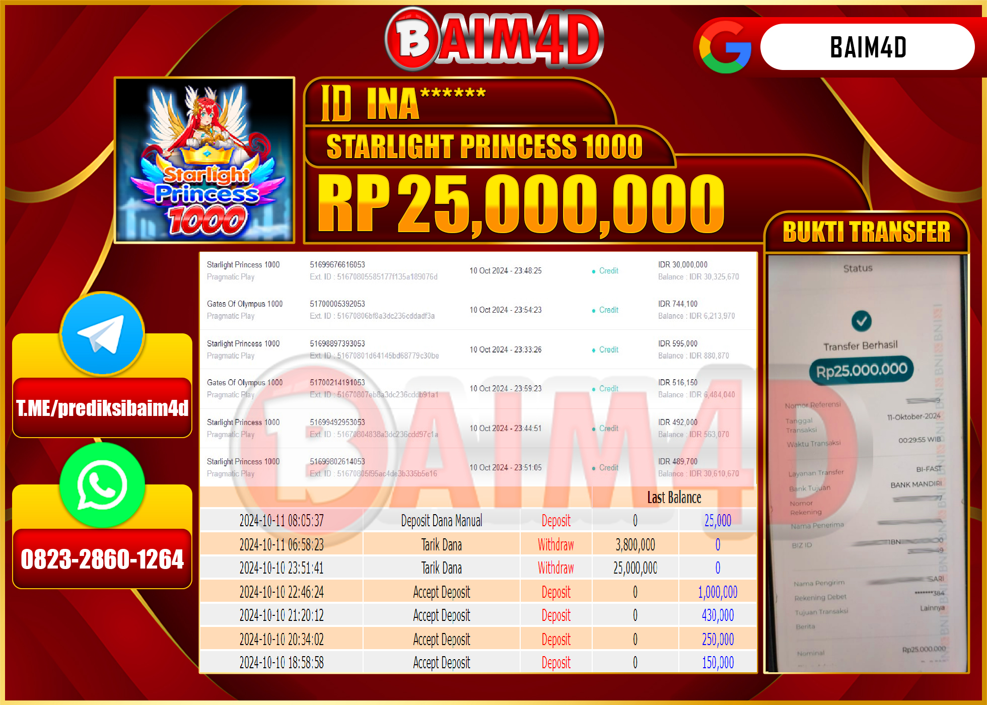 BAIM4D JACKPOT Slot Starlight Princess 1000 Rp.25,000,000.- LUNAS