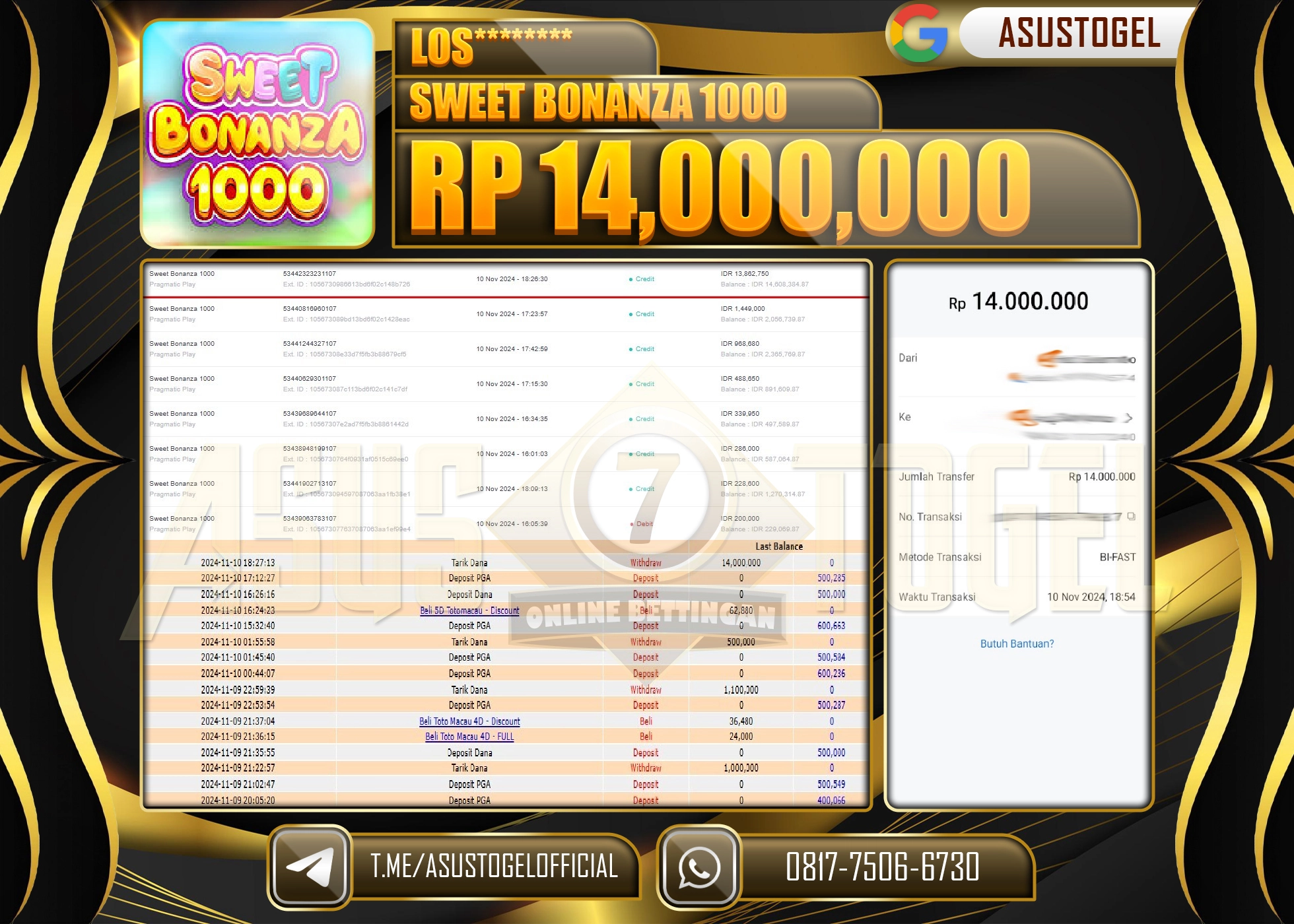 ASUSTOGEL KEMENANGAN DI SLOT SWEET BONANZA 1000 SEBESAR 14,000,000- RUPIAH LUNAS