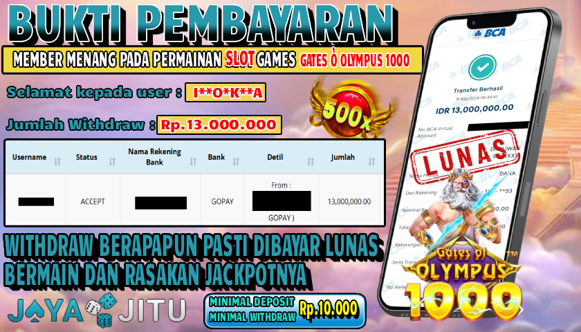 🏆 BUKTI KEMENANGAN GATES OF OLYMPOUS 1000 MEMBER  JAYAJITU🏆