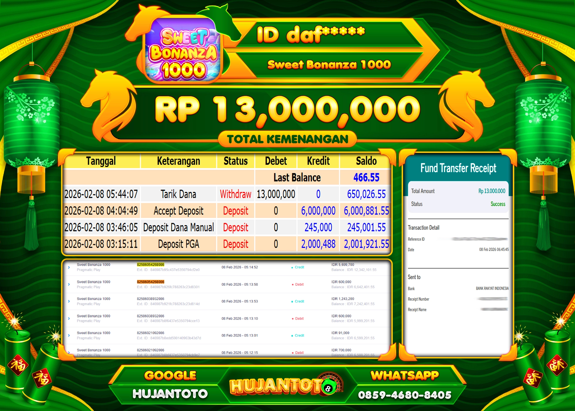 HUJANTOTO - BUKTI JACKPOT MENANG SLOT SWEET BONANZA 1000 Rp.13,000,000 - TERBAYAR LUNAS